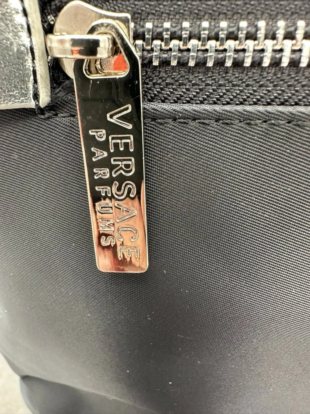 Versace Parfums Nylon Canvas Fashion Tote Bag Detachable Strap Black/Silver Tone